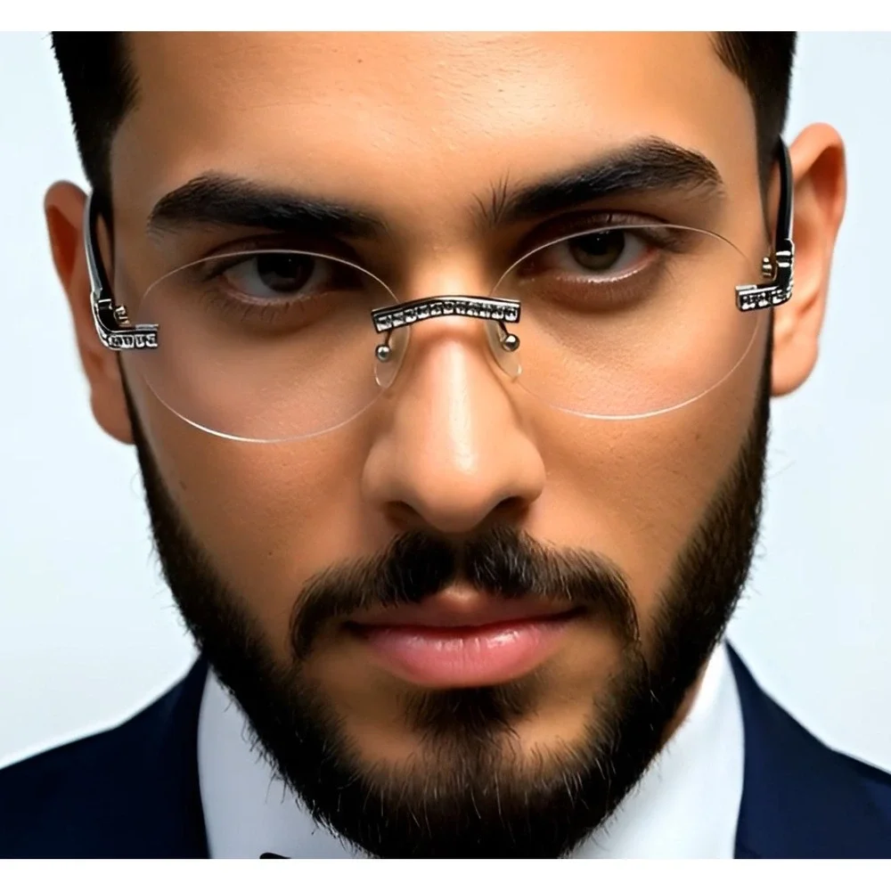 Rimless Sunglasses Rhinestone Silver Clear Lens Wood Grain Arm Men‎ Street Wear